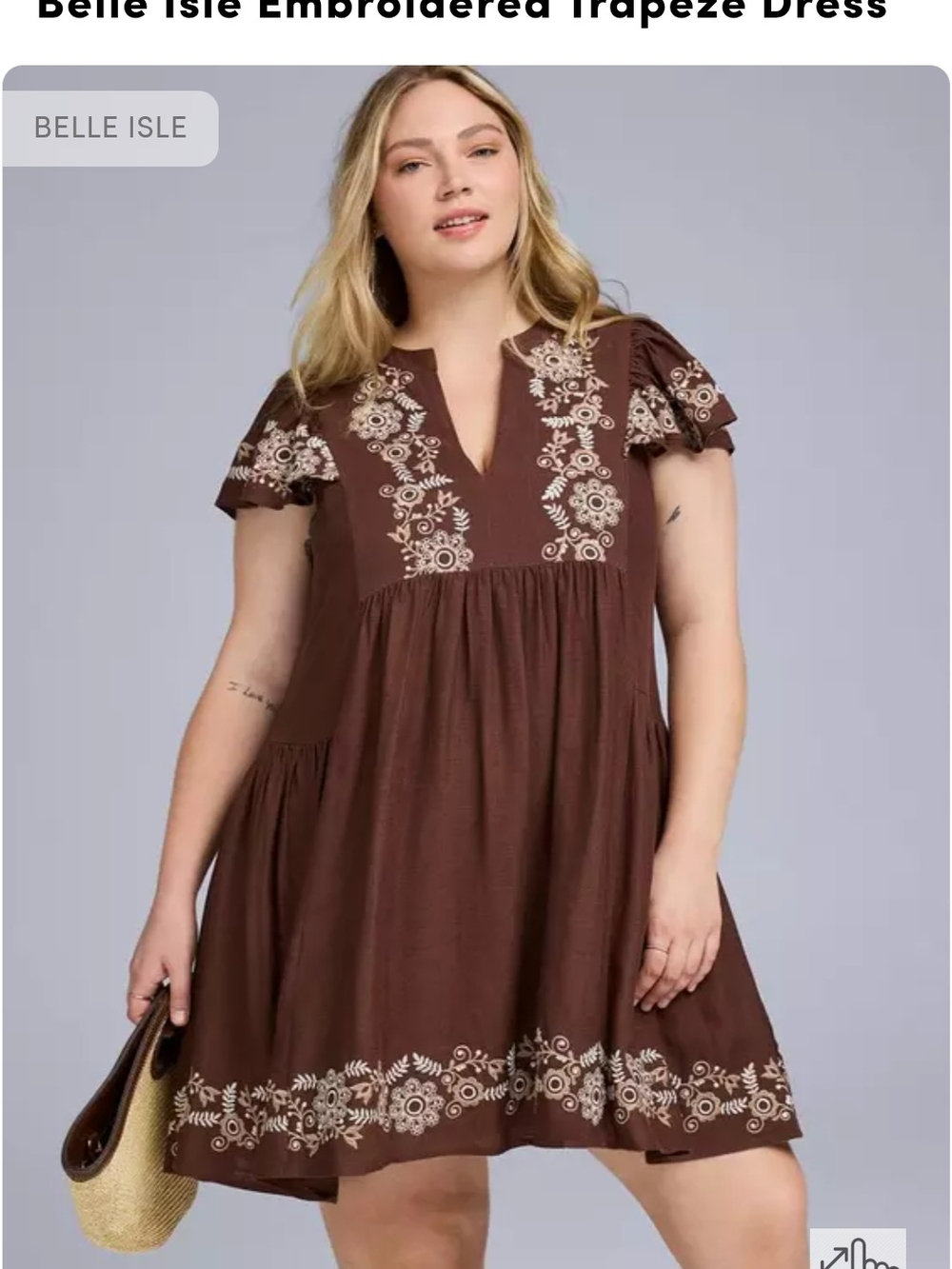 Belle Isle Brown Embroidered Trapeze Dress